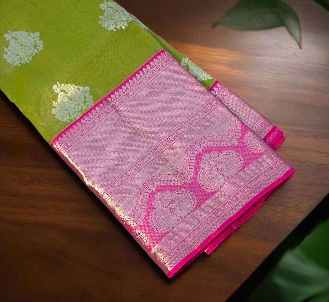PARROT GREEN BANARAS PURE KORA SAREE