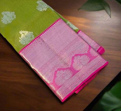 PARROT GREEN BANARAS PURE KORA SAREE