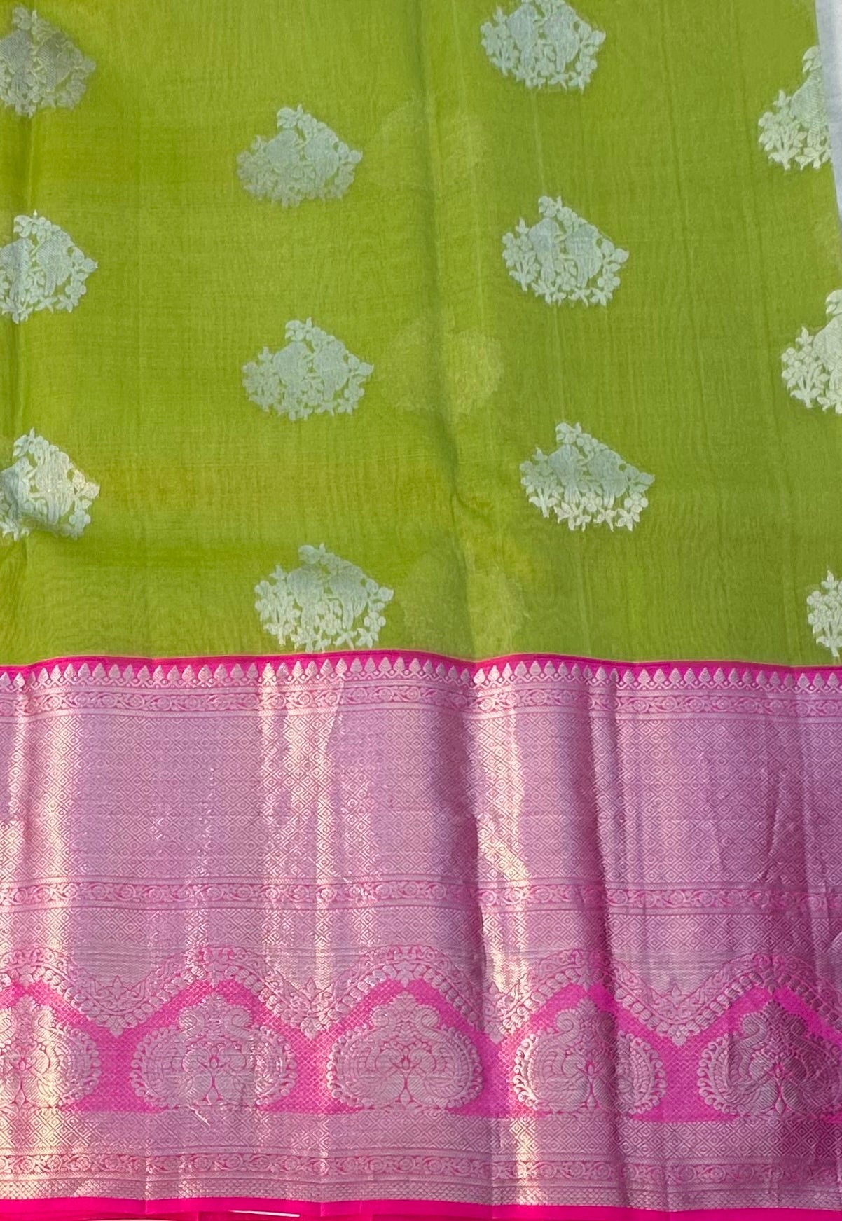 PARROT GREEN BANARAS PURE KORA SAREE