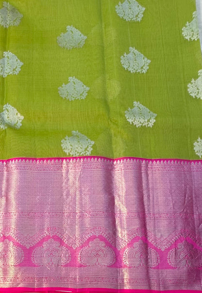 PARROT GREEN BANARAS PURE KORA SAREE