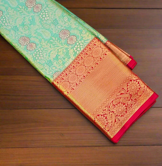 LIGHT GREEN PINK TISSUE KANJIVARAM SILK SAREE