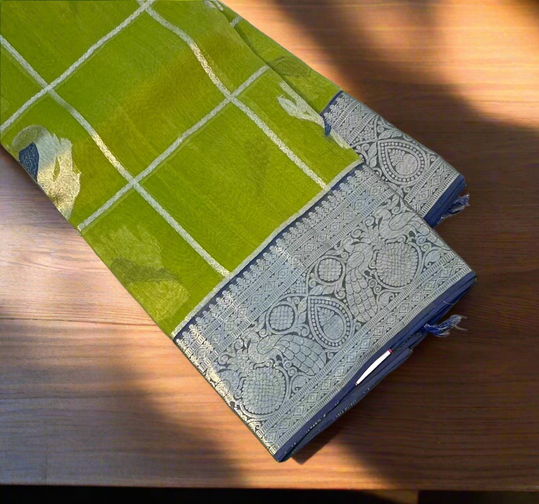 MEHENDI GREEN BANARAS PURE KORA SAREE