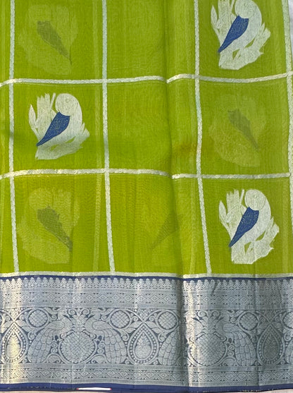 MEHENDI GREEN BANARAS PURE KORA SAREE