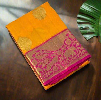 YELLOW PINK BANARAS PURE KORA SAREE