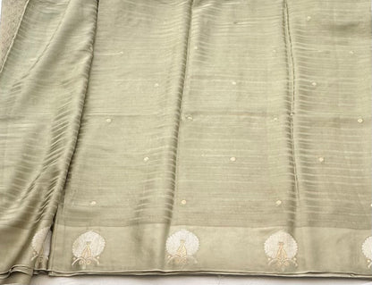 Light mehendi green  with silver nd gold motifs banaras silk