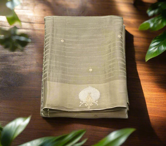 Light mehendi green  with silver nd gold motifs banaras silk