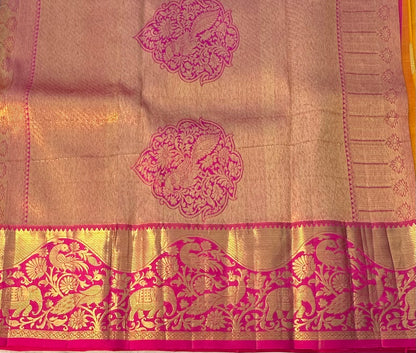 YELLOW PINK BANARAS PURE KORA SAREE