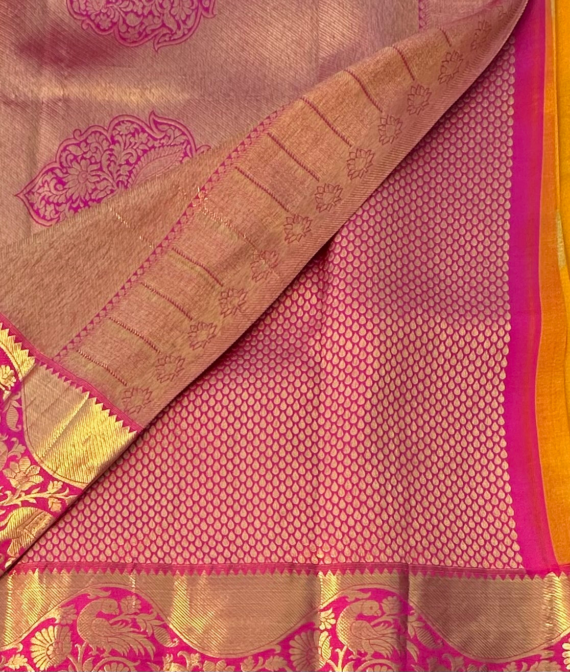YELLOW PINK BANARAS PURE KORA SAREE