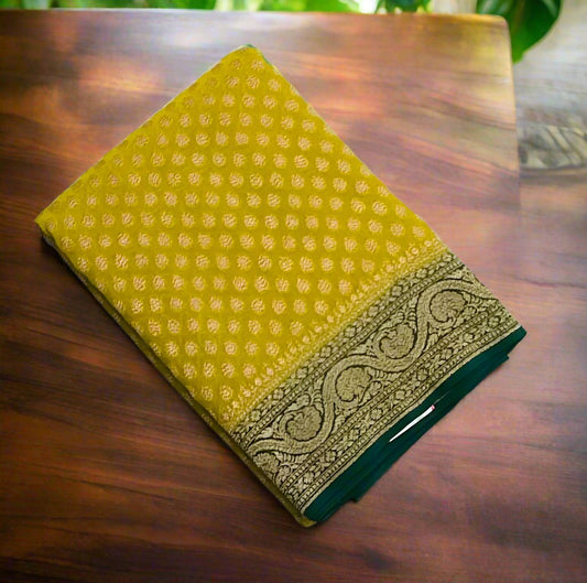 MEHENDI GREEN BANARAS PURE KADDI GORGETTE
