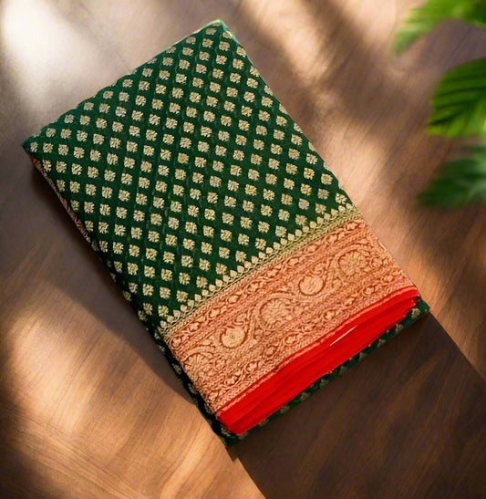 DARK GREEN  BANARAS PURE KADDI GORGETTE
