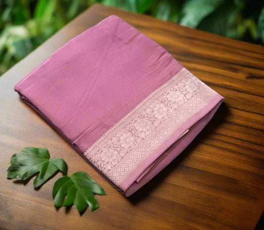 LIGHT PINK WITH SILVER BORDER BANARAS CRAPE
