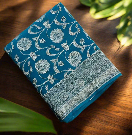METALLIC BLUE BANARAS PURE KADDI GORGETTE