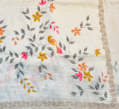 PEARL WHITE DESIGNER WORK SAREE PREMIUM