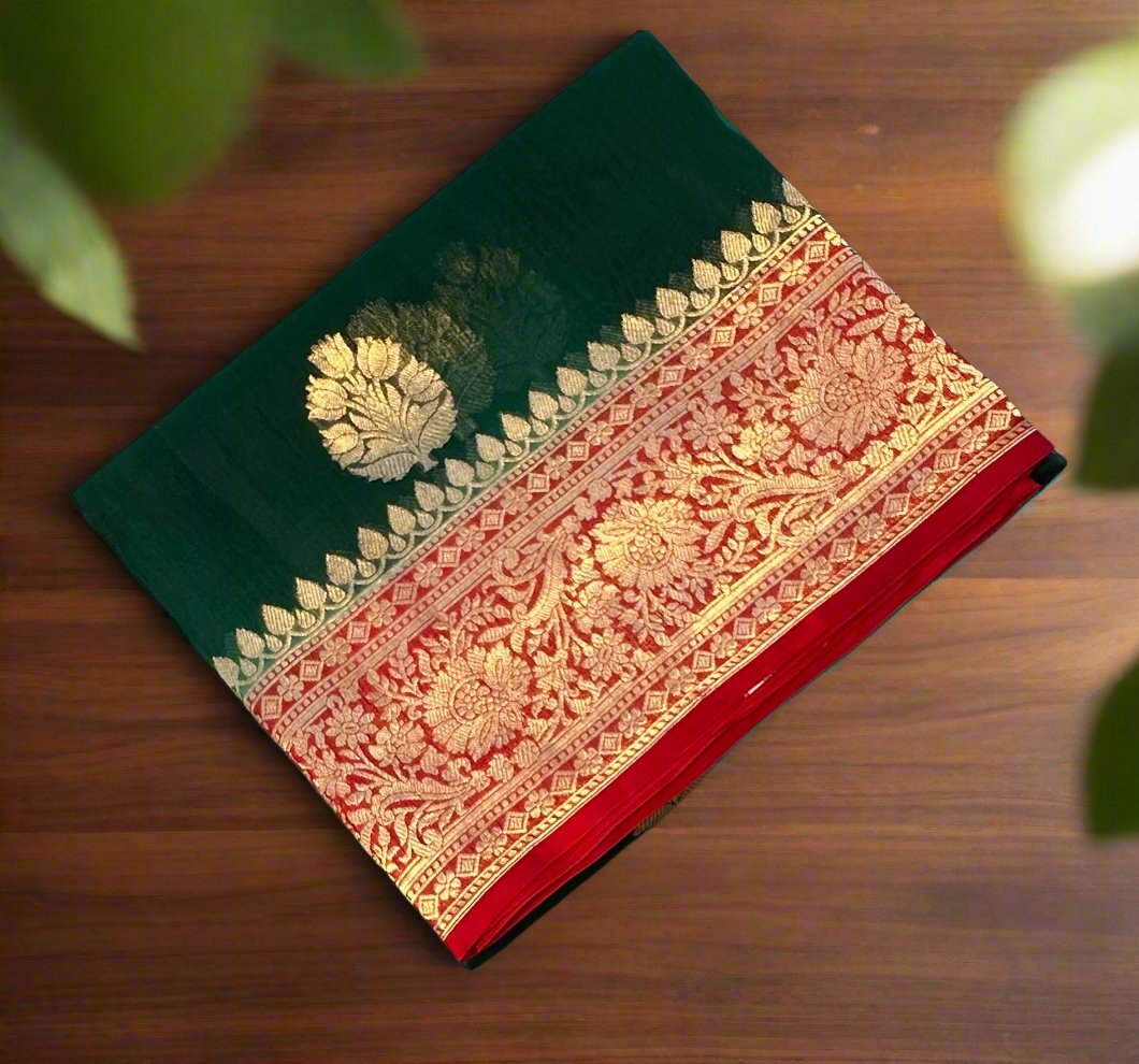 BOTTLE GREEN BANARAS KORA SAREE