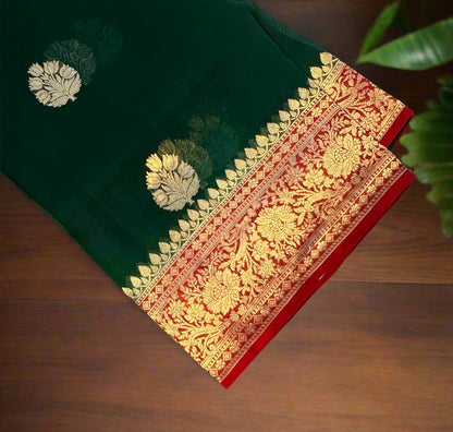 BOTTLE GREEN BANARAS KORA SAREE