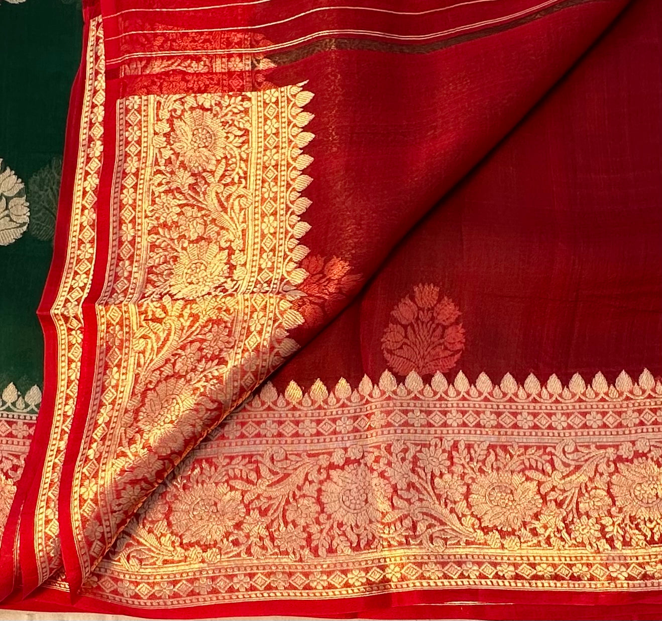 BOTTLE GREEN BANARAS KORA SAREE