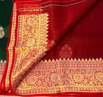 BOTTLE GREEN BANARAS KORA SAREE