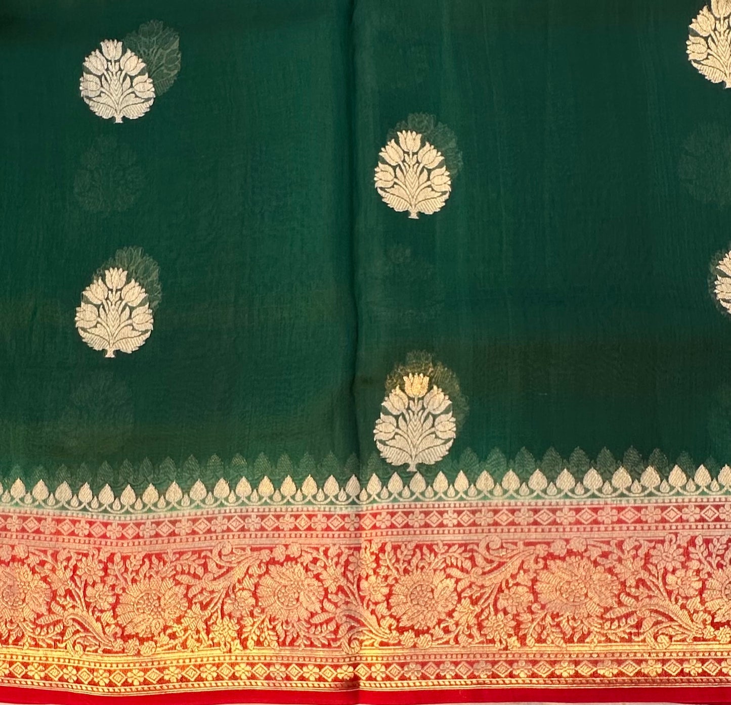 BOTTLE GREEN BANARAS KORA SAREE
