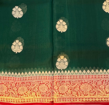 BOTTLE GREEN BANARAS KORA SAREE