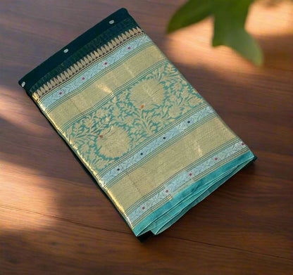 DARK GREEN BANARAS PURE KORA SAREE