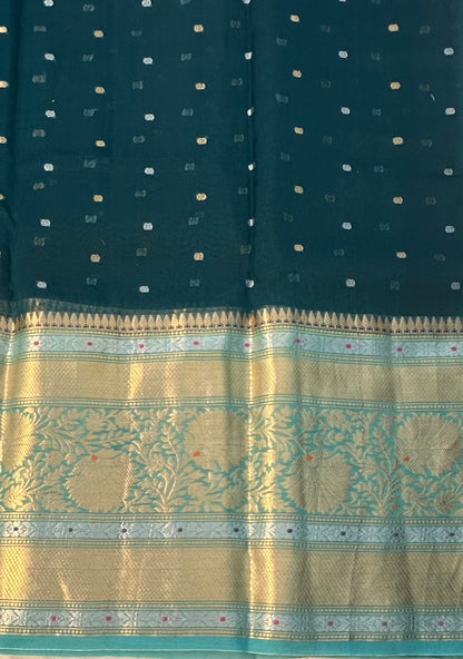 DARK GREEN BANARAS PURE KORA SAREE