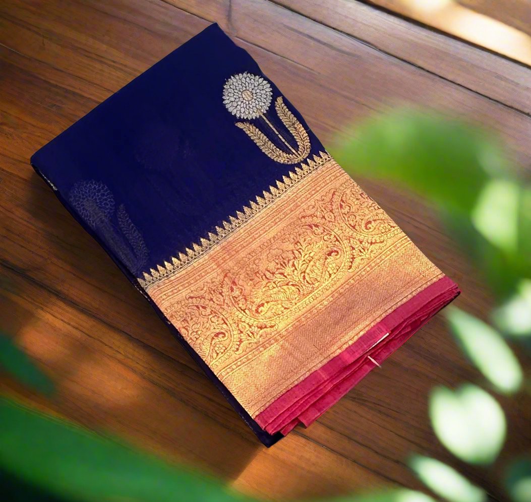 NAVYBLUE BANARAS  PURE KORA SAREE
