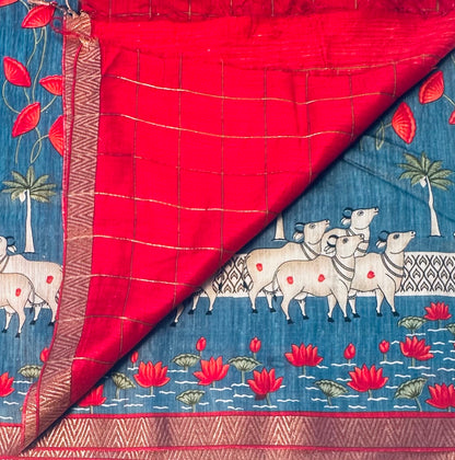 BLUE PICHWAI PURE TUSSER SAREE