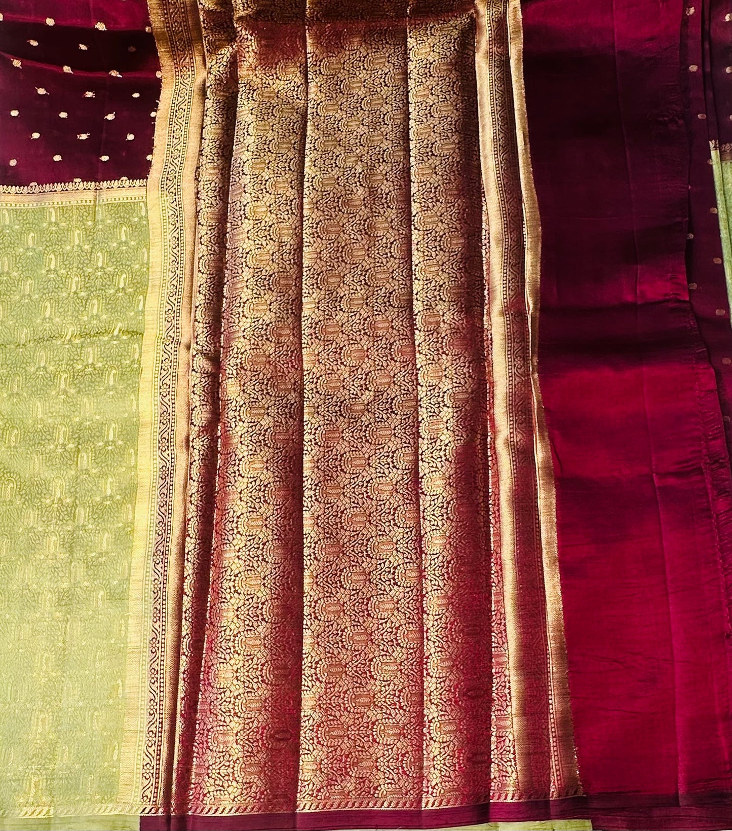 MAROON RED PASTEL GREEN BANARAS RAW MANGO SAREE