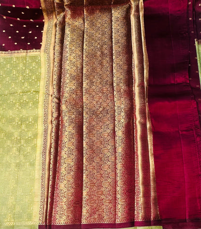 MAROON RED PASTEL GREEN BANARAS RAW MANGO SAREE