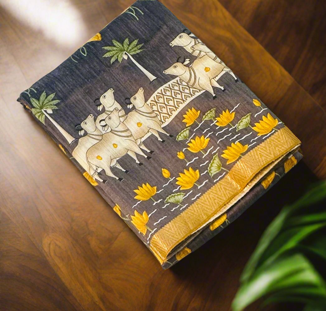 GREY PICHWAI  DESIGNER PURE TUSSER SAREE