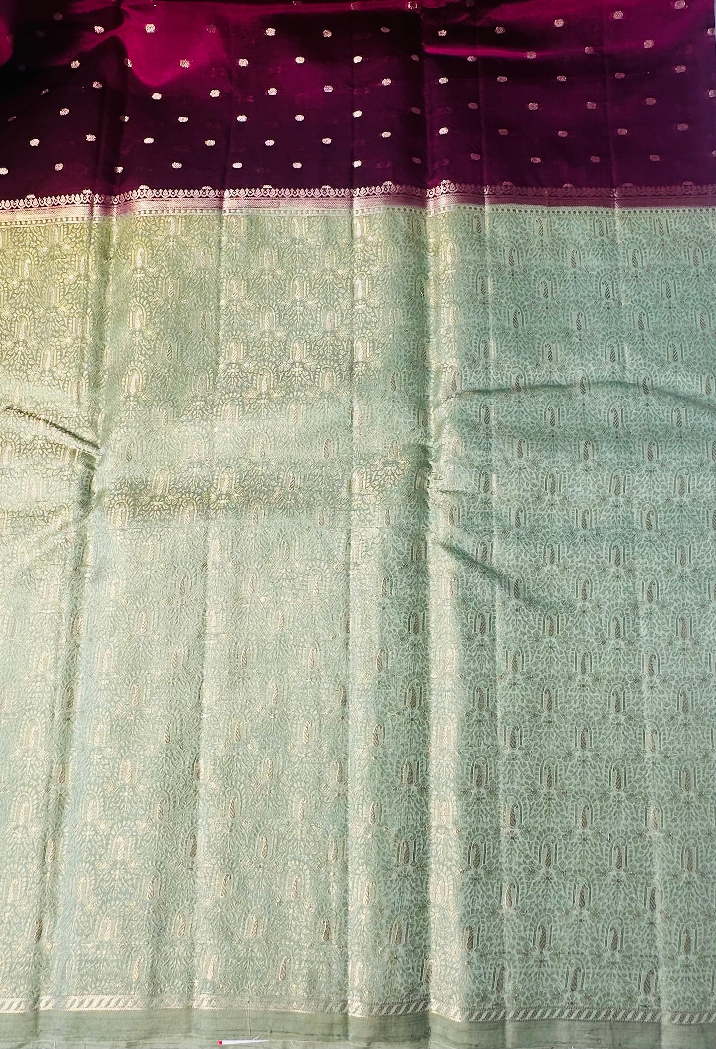 MAROON RED PASTEL GREEN BANARAS RAW MANGO SAREE