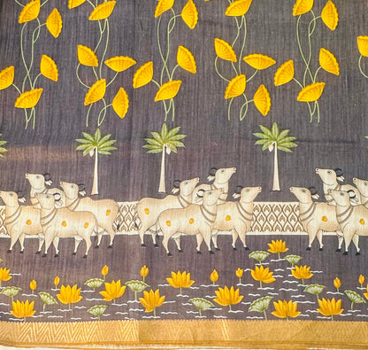 GREY PICHWAI  DESIGNER PURE TUSSER SAREE