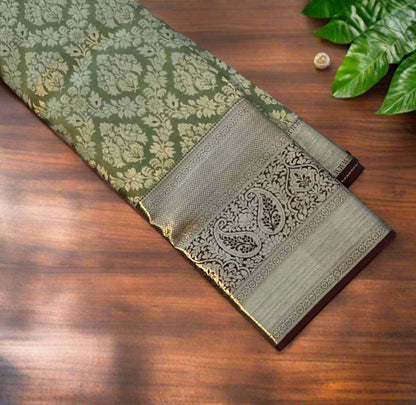 OLIVE GREEN  PURE KANJIVARAM SILK SAREE PREMIUM