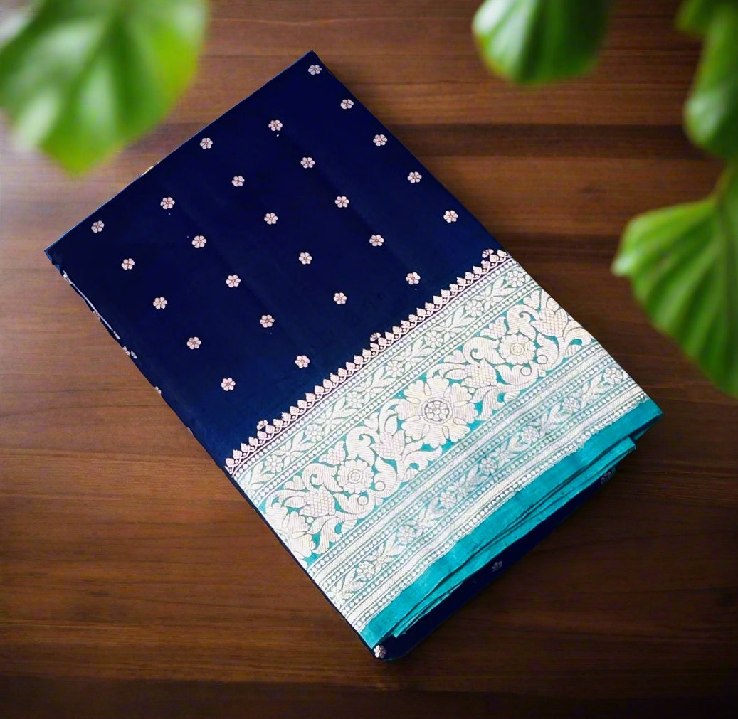 NAVY BLUE ND SEA BLUE BANARAS RAW MANGO SAREE