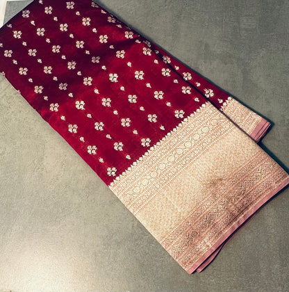 MAROON RED ND PEACH BANARAS RAW MANGO SAREE