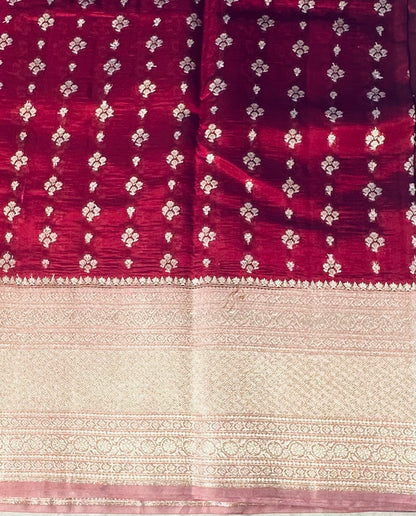 MAROON RED ND PEACH BANARAS RAW MANGO SAREE