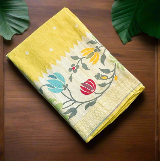 YELLOW PURE TUSSER GORGETTE SAREE