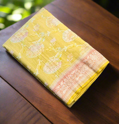 YELLOW PEACH PURE TUSSER GORGETTE SAREE