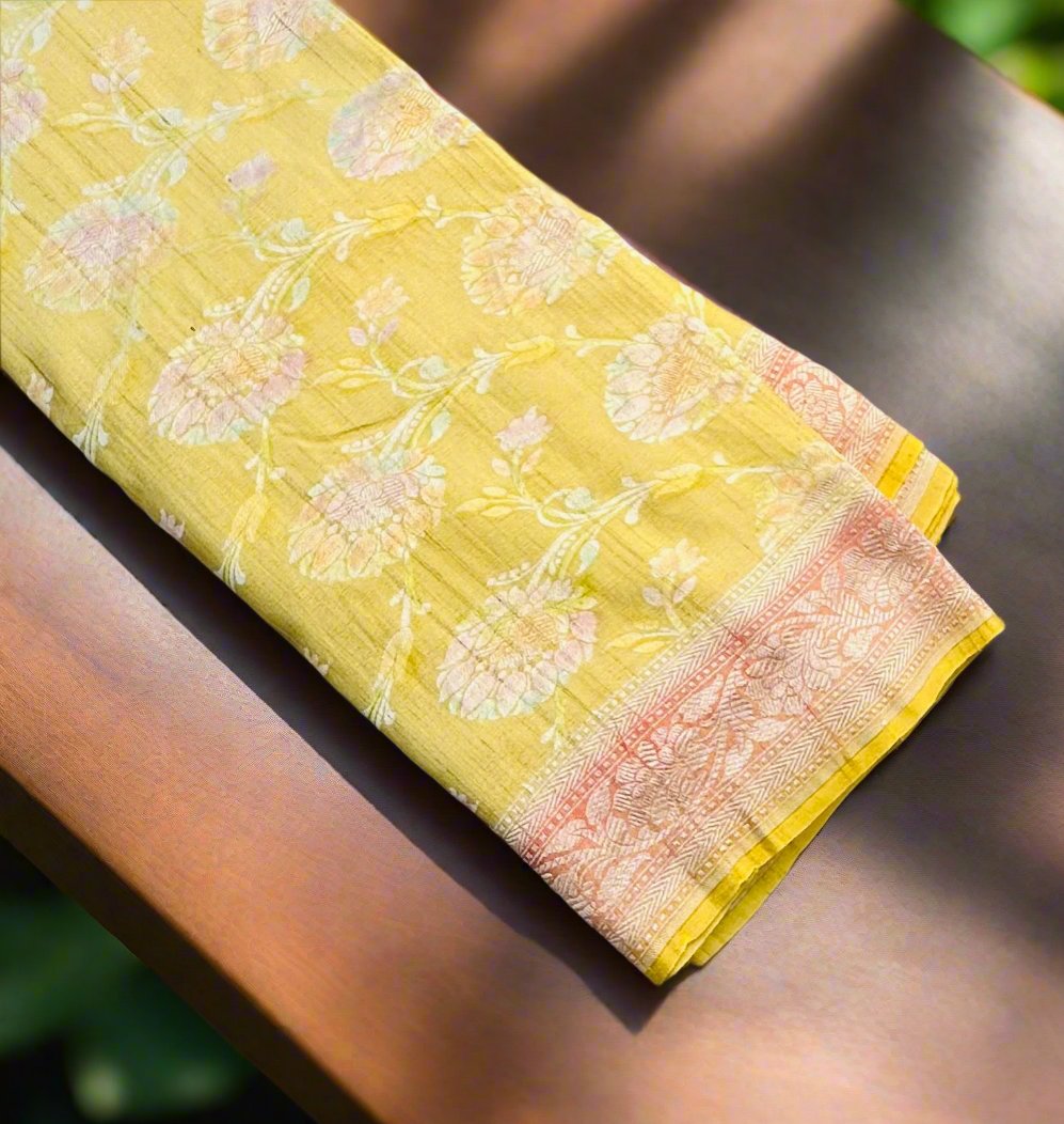 YELLOW PEACH PURE TUSSER GORGETTE SAREE