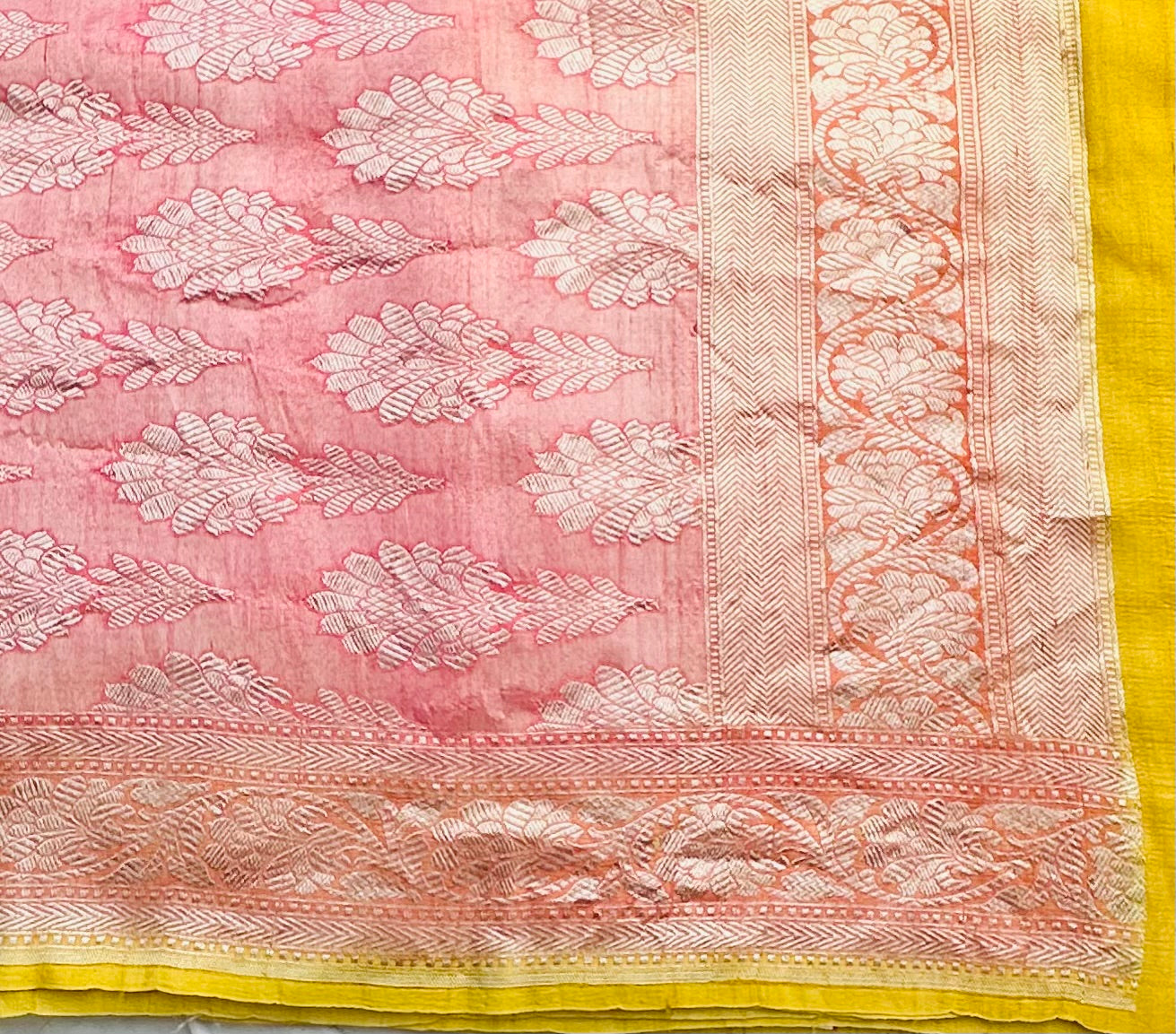 YELLOW PEACH PURE TUSSER GORGETTE SAREE