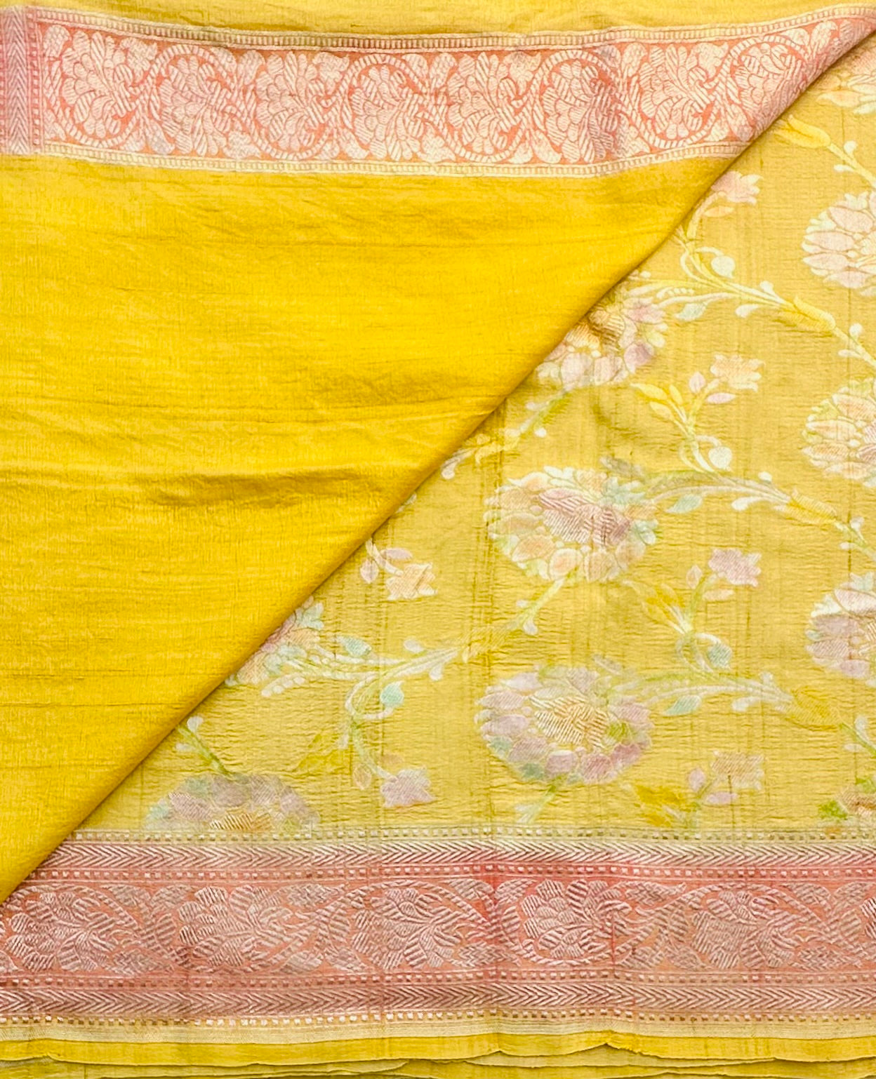 YELLOW PEACH PURE TUSSER GORGETTE SAREE