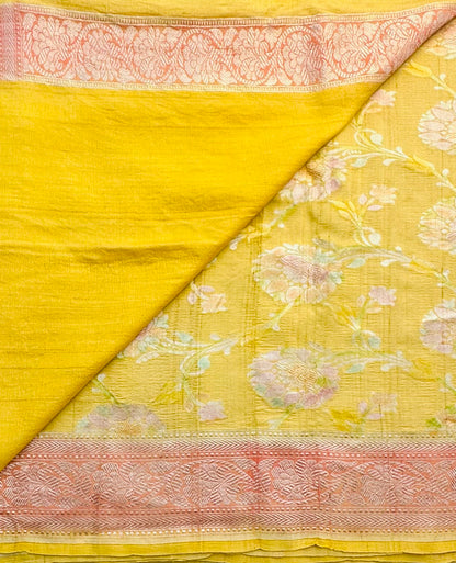 YELLOW PEACH PURE TUSSER GORGETTE SAREE