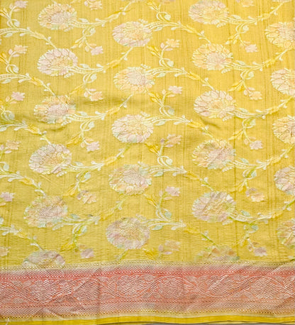 YELLOW PEACH PURE TUSSER GORGETTE SAREE