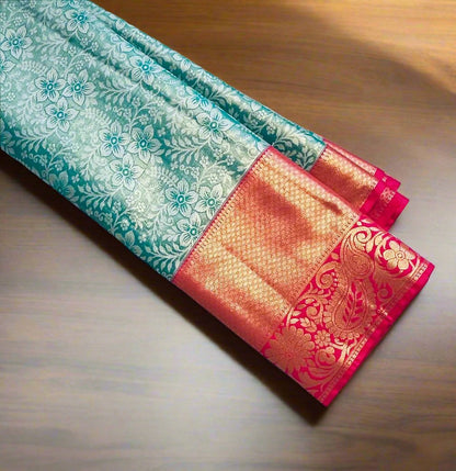 RAMA GREEN  PINK TISSUE KANJIVARAM SILK SAREE