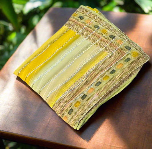 YELLOW GREY PURE BANARAS GORGETTE SAREE