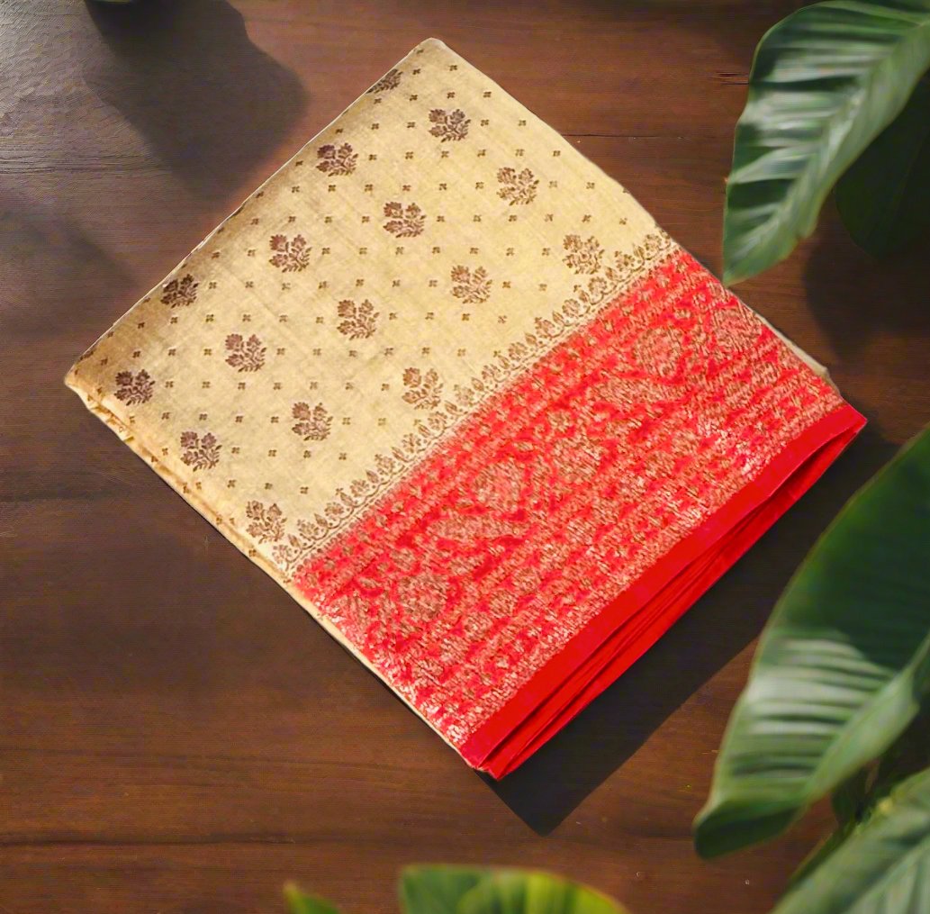 CREAM PURE CHINIYA SILK SAREE