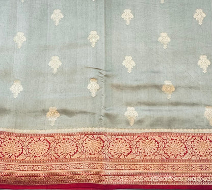 LIGHT GREY ND RED BANARAS PURE RAW MANGO