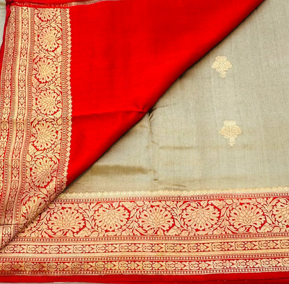 LIGHT GREY ND RED BANARAS PURE RAW MANGO