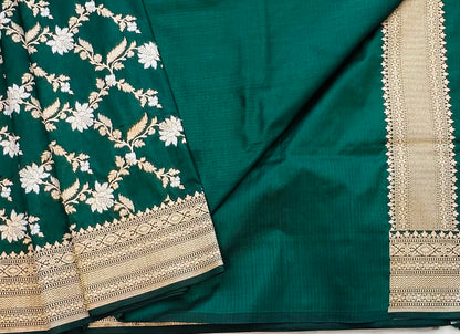 BOTTLE GREEN BANARAS PURE KATAAN JAAL SAREE