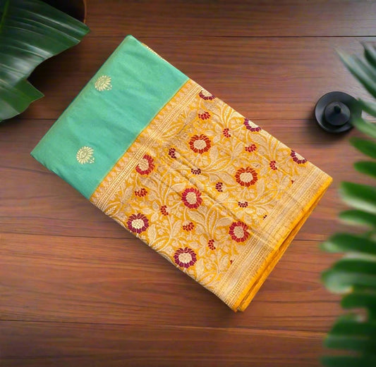 TEEL GREEN WITH YELLOW PURE BANARAS